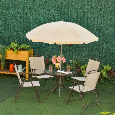 Outsunny 6 Piece Patio Dining Set For 4 With Umbrella, 4 Folding Dining Chairs & Round Glass Table For Garden, Backyard And Poolside 1 Outsunny 6 Piece Patio Dining Set For 4 With Umbrella, 4 Folding Dining Chairs & Round Glass Table For Garden, Backyard And Poolside