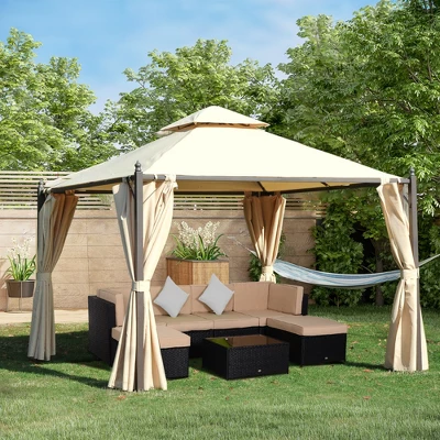 Outsunny 10' X 10' Steel Outdoor Patio Gazebo With Polyester Privacy Curtains, Two-Tier Roof For Air, & Large Design 1 Outsunny 10' X 10' Steel Outdoor Patio Gazebo With Polyester Privacy Curtains, Two-Tier Roof For Air, & Large Design