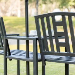 Outsunny Metal Garden Bench With Middle Table And Umbrella Hole, 2-in-1 Double Patio Chairs, Outdoor 2-person Tete-a-Tete, Slatted, Black -OUTSUNNY Sales Store GUEST 05257bfc 1196 415d 83b9 8c806914ed6f
