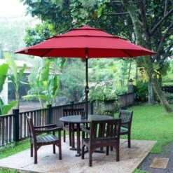 Outsunny 9FT 3 Tiers Patio Umbrella Outdoor Market Umbrella With Crank, Push Button Tilt For Deck, Backyard And Lawn