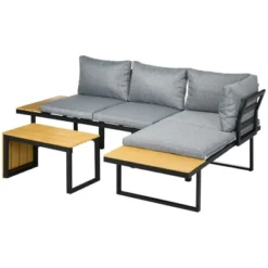 Outsunny 3 Piece Patio Furniture Set, Outdoor Sofa Set With Chaise Lounge & Loveseat, Soft Cushions, Woodgrain Plastic Table, L-Shaped Sectional, Gray -OUTSUNNY Sales Store GUEST 0c815b0c 5472 4834 b0be d8d5ed717be2