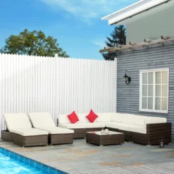 Outsunny 9-Piece Outdoor Patio Sectional Furniture Set, Cushions, Pillows, 2 Reclining Chaise, Outdoor Coffee Table, Wicker Sofa Set, Cushions, Beige