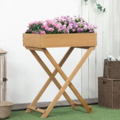 Outsunny Wooden Raised Garden Bed With 9 Pockets And Bed Liner, Elevated Planter Box With Legs For Vegetables, Flowers, And Herbs