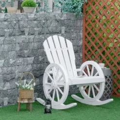 Outsunny Adirondack Rocking Chair With Slatted Design And Oversize Back For Porch, Poolside, Or Garden Lounging, White