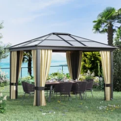 Outsunny 10x12 Polycarbonate Hardtop Gazebo, Gazebo Canopy With Aluminum Frame, Curtains And Netting For Garden, Patio, Backyard, Beige