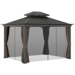 Outsunny Patio Gazebo 12' X 10', Netting & Curtains, Double Vented Steel Roof, Permanent Hardtop, Ceiling Hooks, Rust Proof Aluminum Frame, Dark Brown -OUTSUNNY Sales Store GUEST 11ffa2b0 0792 437f bc52 cf9b8d3defbb