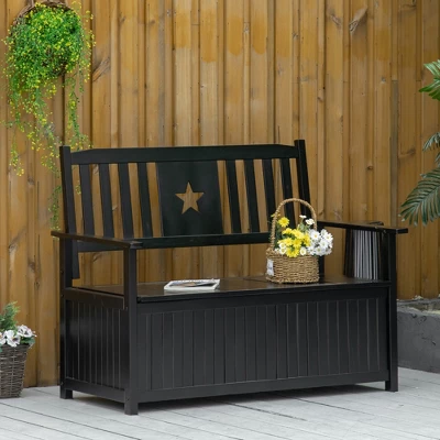 Outsunny Outdoor Wooden Storage Bench Deck Box, Wood Patio Furniture, 43 Gallon Pool Storage Bin Container With Cloth, Backrest, Armrests, Star, Black 2 Outsunny Outdoor Wooden Storage Bench Deck Box, Wood Patio Furniture, 43 Gallon Pool Storage Bin Container With Cloth, Backrest, Armrests, Star, Black - Image 2