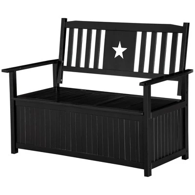 Outsunny Outdoor Wooden Storage Bench Deck Box, Wood Patio Furniture, 43 Gallon Pool Storage Bin Container With Cloth, Backrest, Armrests, Star, Black 3 Outsunny Outdoor Wooden Storage Bench Deck Box, Wood Patio Furniture, 43 Gallon Pool Storage Bin Container With Cloth, Backrest, Armrests, Star, Black - Image 3