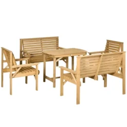 Outsunny 5 Piece Patio Furniture, 6 Seat Outdoor Dining Set, Natural Wood Dinner Table, 2 Chairs, Loveseats With Armrests & Umbrella Hole, Light Brown -OUTSUNNY Sales Store GUEST 1f8b31be 49c4 4bdf 9adf ee1da9feb466