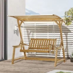 Outsunny 2 Seater Porch Swing With Canopy, Wooden Patio Swing Chair, Outdoor Swing Seat Loveseat
