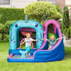 Outsunny 5-in-1 Inflatable Water Slide Kids Bounce House Narwhals Theme Water Park Includes Slide Trampoline Pool Cannon Climbing Wall With Carry Bag