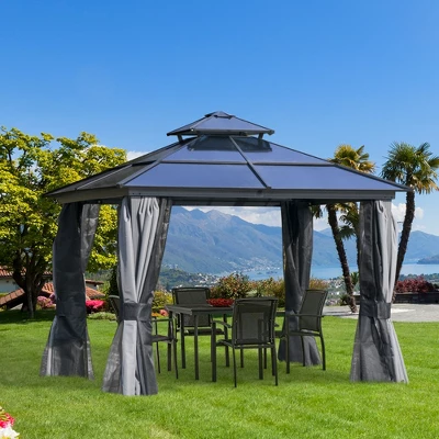Outsunny Hardtop Gazebo Outdoor Polycarbonate Canopy Aluminum Frame Pergola With Double Vented Roof, Netting & Curtains For Garden 1 Outsunny Hardtop Gazebo Outdoor Polycarbonate Canopy Aluminum Frame Pergola With Double Vented Roof, Netting & Curtains For Garden
