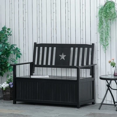 Outsunny Outdoor Wooden Storage Bench Deck Box, Wood Patio Furniture, 43 Gallon Pool Storage Bin Container With Cloth, Backrest, Armrests, Star, Black 1 Outsunny Outdoor Wooden Storage Bench Deck Box, Wood Patio Furniture, 43 Gallon Pool Storage Bin Container With Cloth, Backrest, Armrests, Star, Black