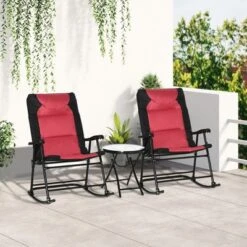 Outsunny 3 Piece Outdoor Patio Furniture Set With Glass Coffee Table & 2 Folding Padded Rocking Chairs, Bistro Style For Porch, Camping, Balcony