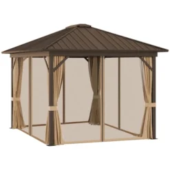 Outsunny 11.9" X 9.8" Hardtop Gazebo With Curtains And Netting, Permanent Pavilion Metal Roof Gazebo Canopy With Aluminum Frame And Top Hook, Brown -OUTSUNNY Sales Store GUEST 2e8389e4 0010 4d88 a87e 911d0431675b