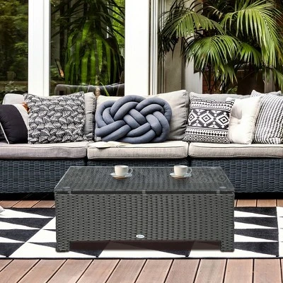 OUTSUNNY Ousunny Patio Furniture, Wicker Coffee Table, Hand-Woven PE Rattan Side Table With A Tempered Glass Top, 33.5" X 19.75", Black 1 OUTSUNNY Ousunny Patio Furniture, Wicker Coffee Table, Hand-Woven PE Rattan Side Table With A Tempered Glass Top, 33.5" X 19.75", Black