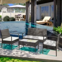 Outsunny Patio Porch Furniture Sets 4-PCS Rattan Wicker Chair W/ Table Conversation Set For Yard,Pool Or Backyard Indoor/Outdoor Use