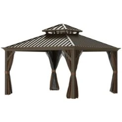 Outsunny Patio Gazebo 12' X 12', Netting & Curtains, 2 Tier Double Vented Steel Roof, Hardtop, Ceiling Hooks, Rust Proof Aluminum, Brown -OUTSUNNY Sales Store GUEST 37f93154 9cf7 4119 8a34 aaf63a899561