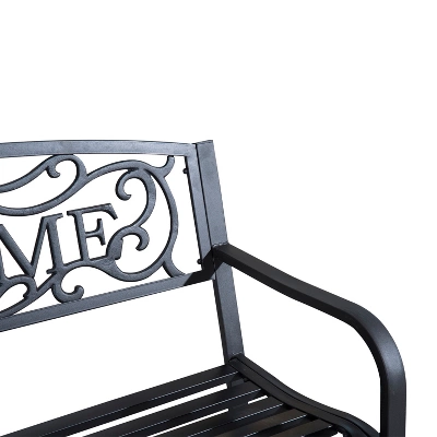 Outsunny 50" Outdoor Metal Welcome Bench, Powder Coated Cast Iron Sign & Steel Frame, 2 Person Bench With Antique Vine Motifs & Slatted Seat, Black 5 Outsunny 50" Outdoor Metal Welcome Bench, Powder Coated Cast Iron Sign & Steel Frame, 2 Person Bench With Antique Vine Motifs & Slatted Seat, Black - Image 5