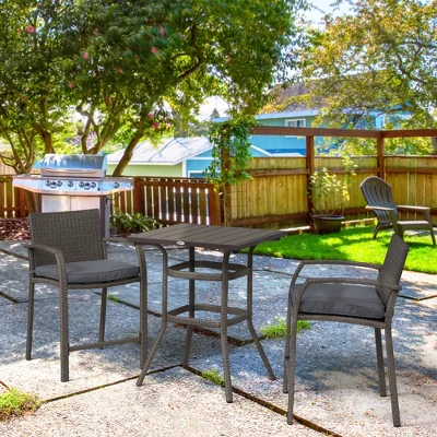 Outsunny 3 PCS Rattan Wicker Bar Set With Wood Grain Top Table And 2 Bar Stools For Outdoor, Patio, Poolside, Garden 1 Outsunny 3 PCS Rattan Wicker Bar Set With Wood Grain Top Table And 2 Bar Stools For Outdoor, Patio, Poolside, Garden