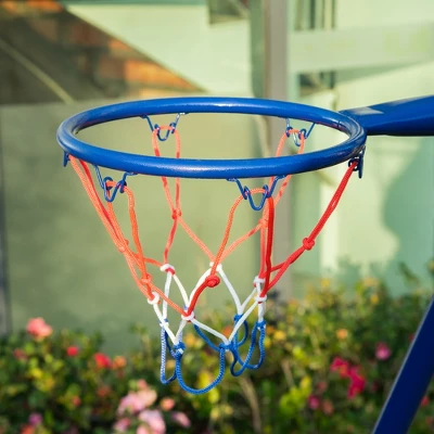 Outsunny Kids Metal Swing Set For Backyard, With Saucer Swing Adjustable Swing Seat, Basket Hoop, Climb Ladder, Net, Metal Stand, For 3-10 Years Old 5 Outsunny Kids Metal Swing Set For Backyard, With Saucer Swing Adjustable Swing Seat, Basket Hoop, Climb Ladder, Net, Metal Stand, For 3-10 Years Old - Image 5