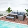 Outsunny 4 Pieces Patio Wicker Sofa Set, Outdoor PE Rattan Modern Furniture Set With Cushions & Dining Table, Bench For Garden, Backyard, Lawn