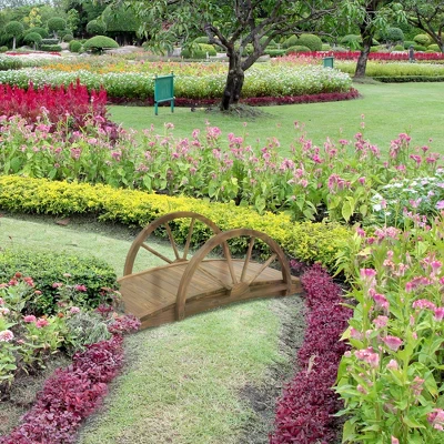 Outsunny 3.3ft Wooden Garden Bridge Arc Footbridge With Half-Wheel Style Railings & Solid Fir Construction, Stained Wood 2 Outsunny 3.3ft Wooden Garden Bridge Arc Footbridge With Half-Wheel Style Railings & Solid Fir Construction, Stained Wood - Image 2