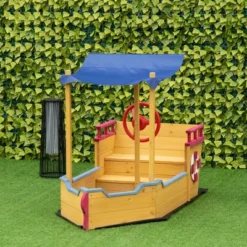 Outsunny Wooden Pirate Sandbox For Kids, Covered Children Sand Boat Outdoor, W/ Storage Bench, Sun Protective Canopy Cover, Ages 3-8 Years Old, Orange