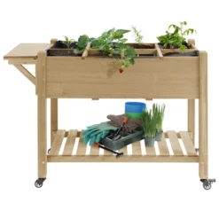 Outsunny 49" X 21" X 34" Raised Garden Bed W/ 8 Grow Grids, Outdoor Wood Plant Box Stand W/ Folding Side Table And Wheels, Natural -OUTSUNNY Sales Store GUEST 4d0deb62 64d3 4f1e be7c 4f225443b893