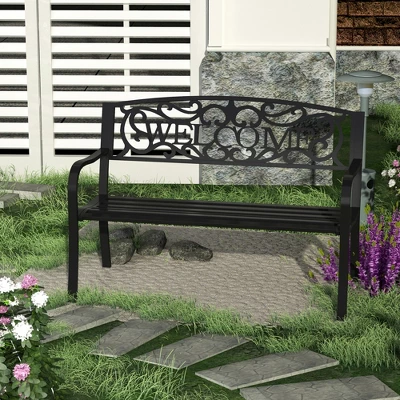 Outsunny 50" Outdoor Metal Welcome Bench, Powder Coated Cast Iron Sign & Steel Frame, 2 Person Bench With Antique Vine Motifs & Slatted Seat, Black 1 Outsunny 50" Outdoor Metal Welcome Bench, Powder Coated Cast Iron Sign & Steel Frame, 2 Person Bench With Antique Vine Motifs & Slatted Seat, Black