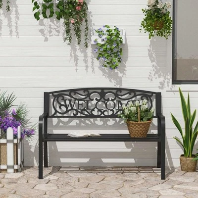 Outsunny 50" Outdoor Metal Welcome Bench, Powder Coated Cast Iron Sign & Steel Frame, 2 Person Bench With Antique Vine Motifs & Slatted Seat, Black 2 Outsunny 50" Outdoor Metal Welcome Bench, Powder Coated Cast Iron Sign & Steel Frame, 2 Person Bench With Antique Vine Motifs & Slatted Seat, Black - Image 2