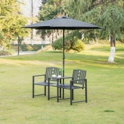 Outsunny Metal Garden Bench With Middle Table And Umbrella Hole, 2-in-1 Double Patio Chairs, Outdoor 2-person Tete-a-Tete, Slatted, Black -OUTSUNNY Sales Store GUEST 51711f9e f458 4180 a567 6778cef47e6f