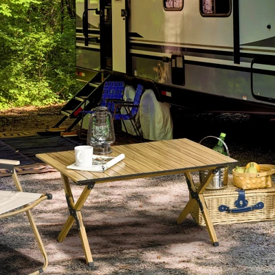 Outsunny Outdoor Portable Table With Collapsing Roll-Up Top, Folding Camping Table, Waterproof Finish, Picnic & Tailgate Table For Beach 1 Outsunny Outdoor Portable Table With Collapsing Roll-Up Top, Folding Camping Table, Waterproof Finish, Picnic & Tailgate Table For Beach