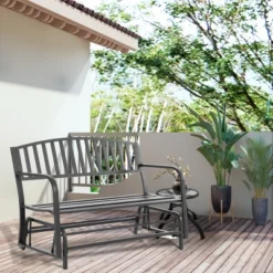 Outsunny Patio Glider Bench Outdoor Swing Rocking Chair Loveseat With Power Coated Sturdy Steel Frame, Black