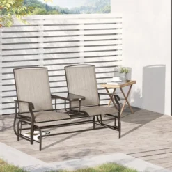 Outsunny 2-Person Outdoor Glider Bench W/ Center Table, Steel Frame For Backyard Garden Porch, Brown