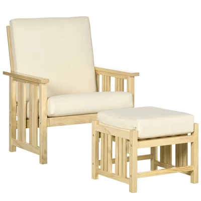 Outsunny Patio Furniture Set, Wood Outdoor Patio Chair With Ottoman, 2 Piece Cushioned Outdoor Lounge Chair, Sofa Chair With Footrest, Beige 3 Outsunny Patio Furniture Set, Wood Outdoor Patio Chair With Ottoman, 2 Piece Cushioned Outdoor Lounge Chair, Sofa Chair With Footrest, Beige - Image 3