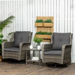 Outsunny 3-Piece Patio Bistro Set, PE Rattan Wicker Outdoor Furniture, Soft Cushions, 2 360 Swivel Rocking Chairs, 2-Tier Coffee Table
