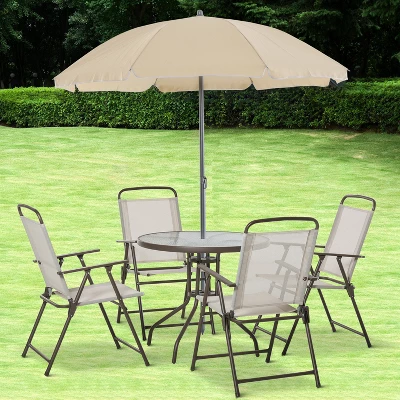 Outsunny 6 Piece Patio Dining Set For 4 With Umbrella, 4 Folding Dining Chairs & Round Glass Table For Garden, Backyard And Poolside 2 Outsunny 6 Piece Patio Dining Set For 4 With Umbrella, 4 Folding Dining Chairs & Round Glass Table For Garden, Backyard And Poolside - Image 2