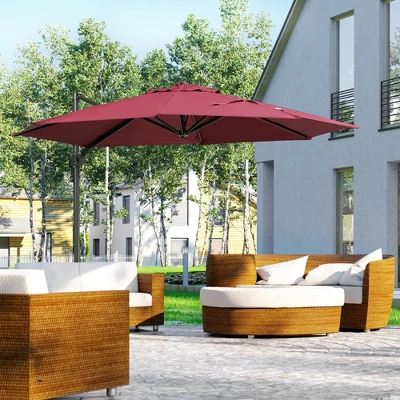 Outsunny 9.8' Offset Patio Umbrella With Base, Steel Aluminum Cantilever Umbrella With 360-degree Rotation, Tilt, 8 Ribs, Crank, Cross Base, Red 1 Outsunny 9.8' Offset Patio Umbrella With Base, Steel Aluminum Cantilever Umbrella With 360-degree Rotation, Tilt, 8 Ribs, Crank, Cross Base, Red