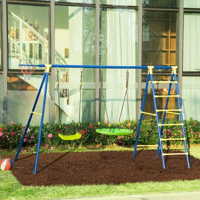 Outsunny Kids Metal Swing Set For Backyard, With Saucer Swing Adjustable Swing Seat, Basket Hoop, Climb Ladder, Net, Metal Stand, For 3-10 Years Old 1 Outsunny Kids Metal Swing Set For Backyard, With Saucer Swing Adjustable Swing Seat, Basket Hoop, Climb Ladder, Net, Metal Stand, For 3-10 Years Old