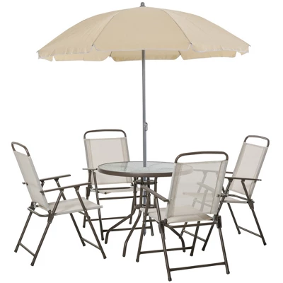 Outsunny 6 Piece Patio Dining Set For 4 With Umbrella, 4 Folding Dining Chairs & Round Glass Table For Garden, Backyard And Poolside 3 Outsunny 6 Piece Patio Dining Set For 4 With Umbrella, 4 Folding Dining Chairs & Round Glass Table For Garden, Backyard And Poolside - Image 3