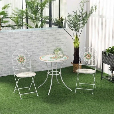 Outsunny 3 Piece Patio Bistro Set, Metal Folding Chairs, Foldable Outdoor Dining Table, Stone Flower Mosaic Spring Flower Pattern, White 2 Outsunny 3 Piece Patio Bistro Set, Metal Folding Chairs, Foldable Outdoor Dining Table, Stone Flower Mosaic Spring Flower Pattern, White - Image 2