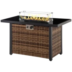 Outsunny 43in Outdoor Propane Gas Fire Pit Table, 50,000 BTU Auto-Ignition Wicker Gas Firepit With Glass Wind Guard, Blue Glass Rock, Brown -OUTSUNNY Sales Store GUEST 6c09554a 9d2c 4b8d afe9 fda7ed0b60c0