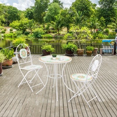 Outsunny 3 Piece Patio Bistro Set, Metal Folding Chairs, Foldable Outdoor Dining Table, Stone Flower Mosaic Spring Flower Pattern, White 1 Outsunny 3 Piece Patio Bistro Set, Metal Folding Chairs, Foldable Outdoor Dining Table, Stone Flower Mosaic Spring Flower Pattern, White