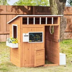 Outsunny Wooden Playhouse For Kids Outdoor, Garden Games Cottage, With Working Door, Windows, Mailbox, Bench, Flowers Pot Holder, 48" X 42.5" X 53"