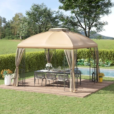 Outsunny 10' X 10' Patio Gazebo Canopy Outdoor Canopy Shelter With Double Tier Roof, Removable Mesh Netting, Display Shelves 2 Outsunny 10' X 10' Patio Gazebo Canopy Outdoor Canopy Shelter With Double Tier Roof, Removable Mesh Netting, Display Shelves - Image 2