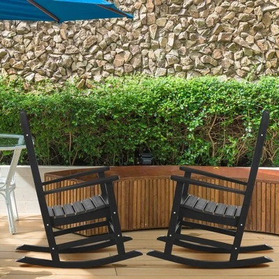 Outsunny 2 Pc Outdoor Rocking Chair, Traditional Slatted Porch Rocker With Armrests, Waterproof HDPE, Black 1 Outsunny 2 Pc Outdoor Rocking Chair, Traditional Slatted Porch Rocker With Armrests, Waterproof HDPE, Black