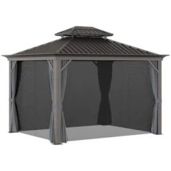 Outsunny Patio Gazebo 10' X 12', Netting & Curtains, 2 Tier Double Vented Steel Roof, Hardtop, Ceiling Hooks, Rust Proof Aluminum, Gray -OUTSUNNY Sales Store GUEST 7ad8841c 3dec 4ff2 9ab5 23ef303cf76c