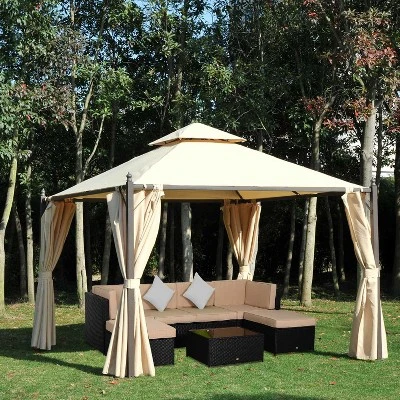 Outsunny 10' X 10' Steel Outdoor Patio Gazebo With Polyester Privacy Curtains, Two-Tier Roof For Air, & Large Design 2 Outsunny 10' X 10' Steel Outdoor Patio Gazebo With Polyester Privacy Curtains, Two-Tier Roof For Air, & Large Design - Image 2