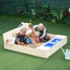 Outsunny Kids Wooden Sandbox W/ Two Plastic Boxes Foldable Bench Seat Waterproof Cover Bottom Liner Storage Space